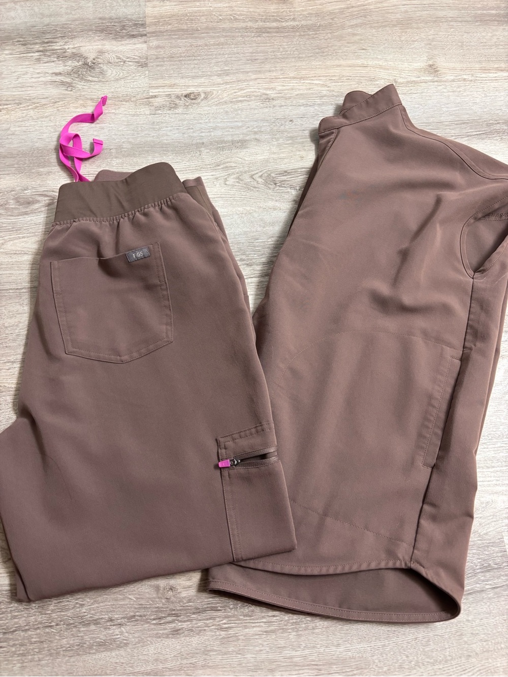 Figs Women's Brown Jogger Scrub Pants with Pink Drawstring
